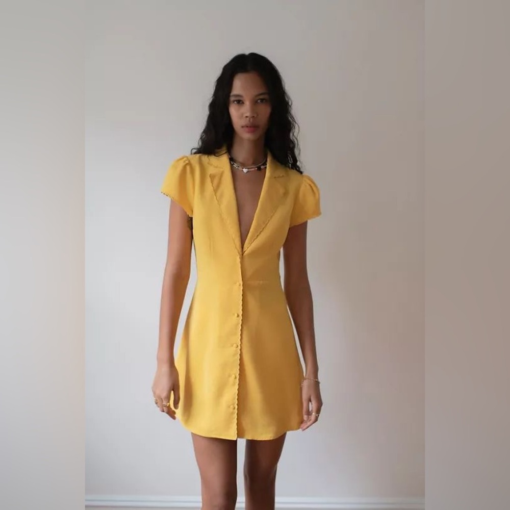 Yellow V-Neck Button Front Short Sleeve Dress